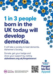 Poster for Dementia Action Week with blue forget me not flowers