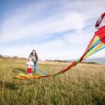 mother and child flying kite in field with blue sky