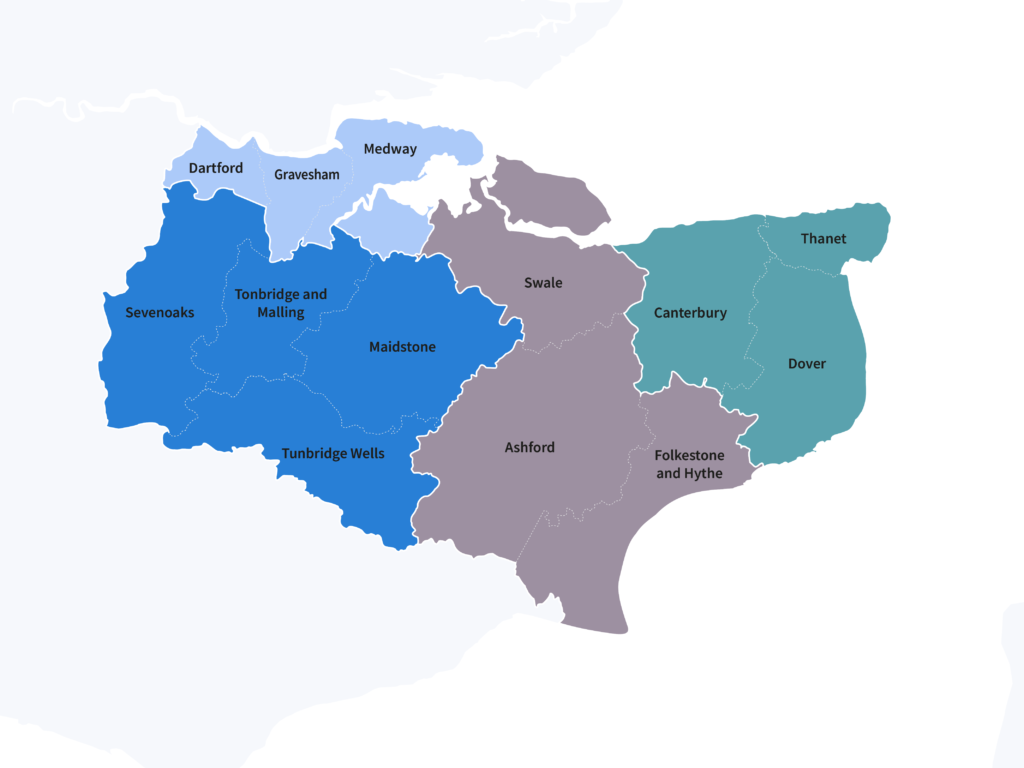 Map showing the four new unitary council areas for Kent.