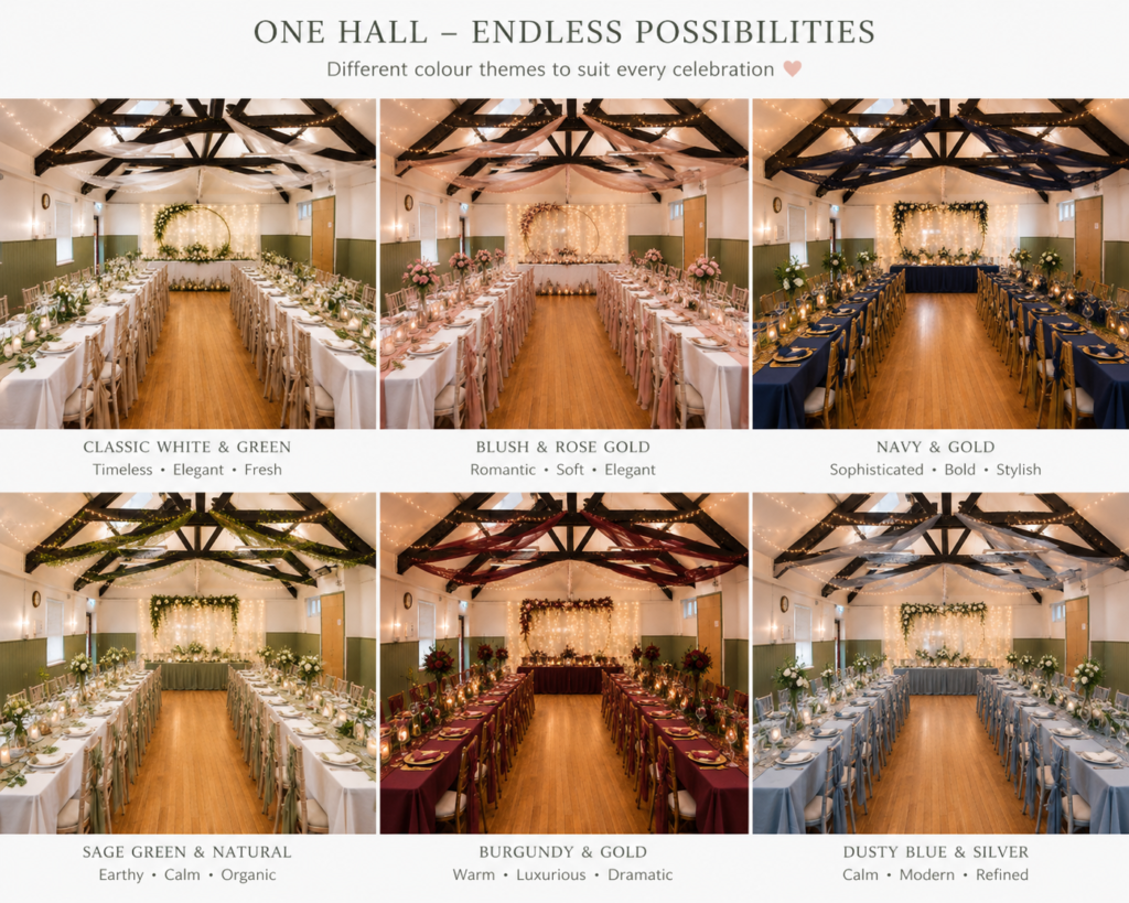 An AI-generated image showing different colour schemes of how a village hall can be dressed for weddings