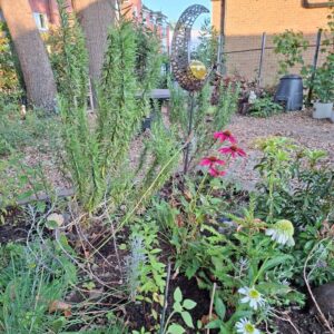 Flower bed with daises and metal garden stake ornament