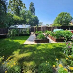 garden with glass greenhouse and raised wooden planter beds