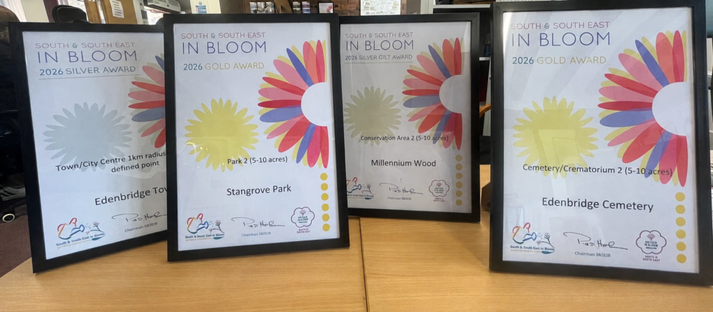 Four certificates in black frames showcasing south and south east in Bloom Awards 2026